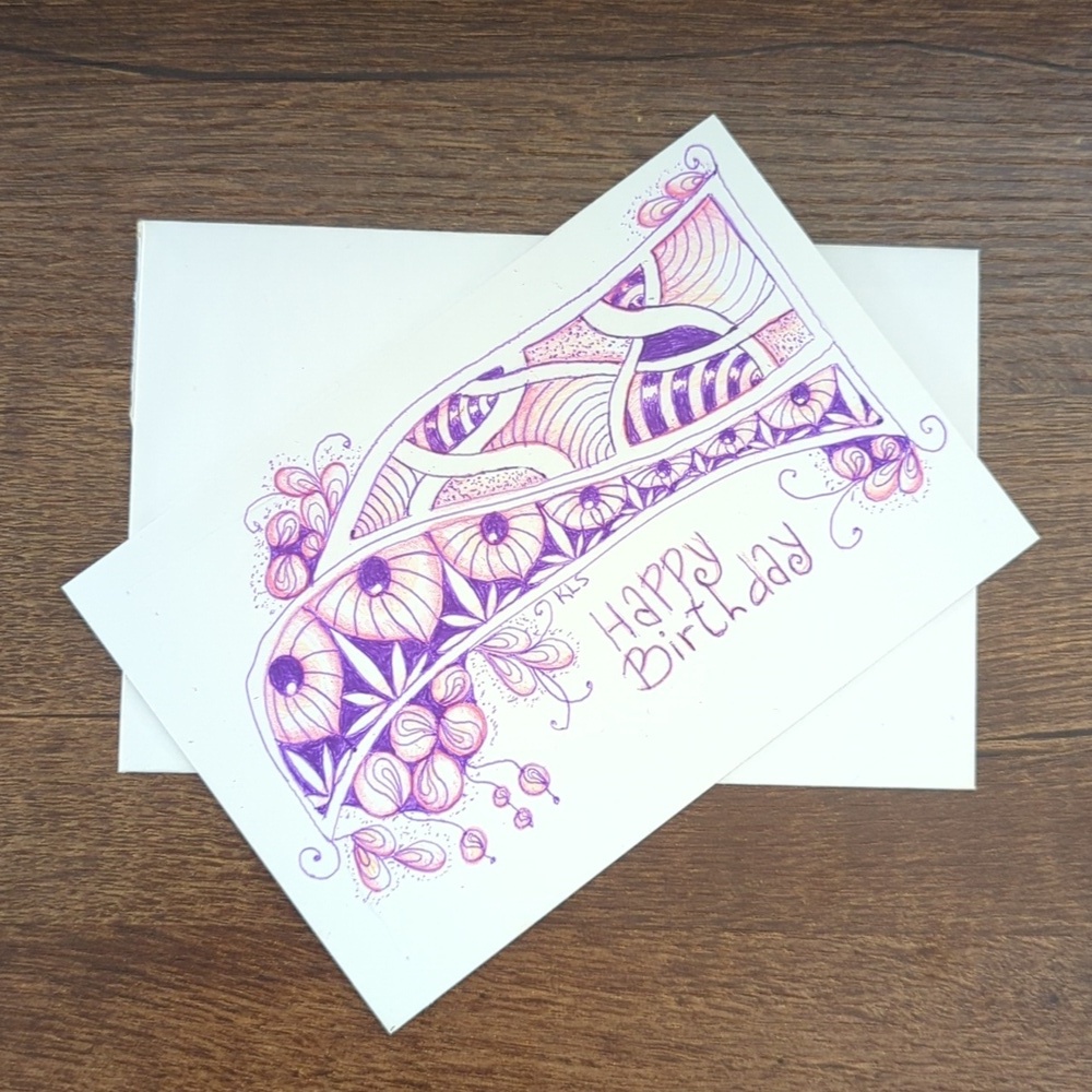 🌻5/$20 Handmade Happy Birthday Floral Zentangle Card- Pink & Purple